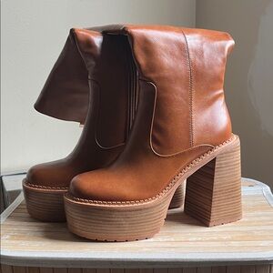 Chunky Heel Tan Faux Leather Boots